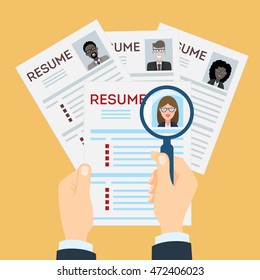 woman resume with magnifier at the table. Cv resume concept. Finding a worker. Apply for a job. Business opportunity. Cv profile.