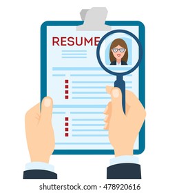 Woman resume with magnifier at the table. Cv resume concept. Finding a worker. Apply for a job. Business opportunity. Cv profile.