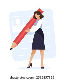 Woman resume for work, businesswoman filling out documents, business process concept, recruitment, career development. Flat cartoon vector.