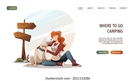 Woman with retriever dog sitting in nature. Summertime camping, traveling, trip, nature, journey, pet, dog walk concept. Vector illustration for poster, banner, website.