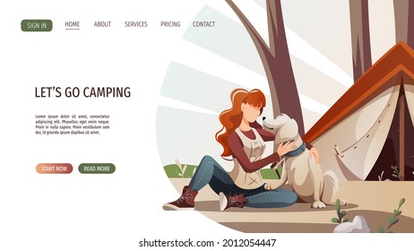 Woman with retriever dog sitting in nature. Summertime camping, traveling, trip, nature, journey, pet, dog walk concept. Vector illustration for poster, banner, website.