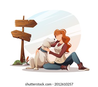 Woman with retriever dog sitting in nature. Summertime camping, traveling, trip, nature, journey, pet, dog walk concept. Isolated vector illustration for poster, banner, cover, card.