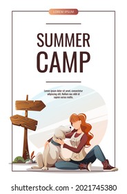 Woman with retriever dog sitting in nature. Camping, traveling, trip, hiking, camper, nature, journey concept. A4 vector illustration for poster, banner, promo flyer, special offer.