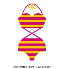 Woman retro bathing suit with stripes. Girl summer swimsuit in yellow and purple color. Women beach bikini icon. Pinup swimwear.