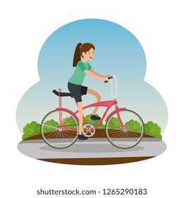 woman in retro bicycle on the road