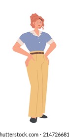 A woman in retro classic fashion is standing in a confident pose with her hands on her waist. flat design style vector illustration.