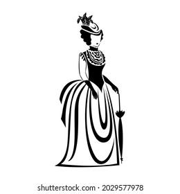 Woman in retro clothes 19th century. Vector illustration. The silhouette of a woman is drawn with a line.