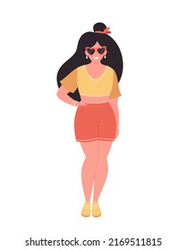 Woman in retro glasses  and casual summer look. Hello summer, summer style, vacation. Hand drawn vector illustration