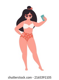 Woman in retro glasses and swimsuit making selfie or recording video. Hello summer, summer vacation, summer fun. Hand drawn vector illustration