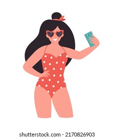 Woman in retro glasses and swimsuit making selfie or recording video. Hello summer, summer vacation, summer fun. Hand drawn vector illustration