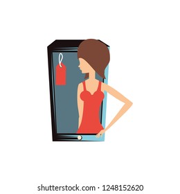 woman retro in smartphone with commercial tag
