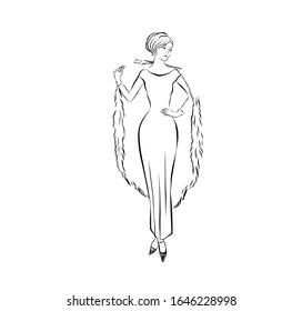 Woman in retro style dressed in fur cape and evening dress. Lady in vintage style from the nineteenth century. Drawing for coloring. Graphic female silhouette