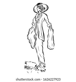 Woman in retro style dressed in jacket, skirt, broad-brim cap and holding a scars. Lady in vintage style from the nineteenth century with dog. Drawing for coloring. Graphic female silhouette.