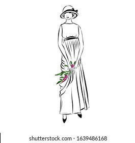 Woman in retro style dressed in long dress decorated flowers. Lady in vintage style from the nineteenth century. Drawing for coloring. Graphic female silhouette.