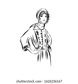 Woman in retro style dressed in scarf on her head and dress. Lady in vintage style from the nineteenth century. Drawing for coloring. Graphic female silhouette.
