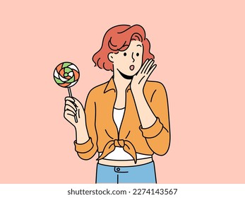 Woman in retro style holding lollipop in hands. Female in pin-up outfit with candy in hands. Vintage fashion concept. Vector illustration. 