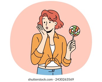 Woman in retro style holding lollipop in hands. Female in pin-up outfit with candy in hands. Vintage fashion concept. Vector illustration.