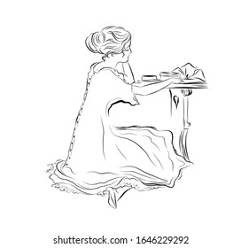 Woman in retro style read a book. Lady in vintage style from the nineteenth century. Drawing for coloring. Graphic female silhouette.