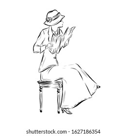 Woman in retro style reads a newspaper. Lady in vintage style dressed in hat, jacket, skirt holding magazine. Human from the nineteenth century. Drawing for coloring. Graphic female silhouette.
