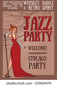 Woman In Retro Style Singing Jazz Music, Chicago Party Poster, Vector Illustration