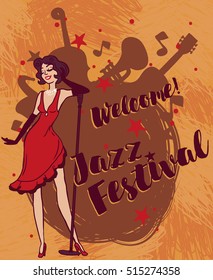 woman in retro style singing jazz music, jazz festival poster, vector illustration