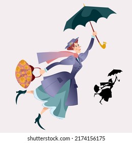 A woman in a retro suit, with a large bag in her hand flying with an umbrella. Vector illustration

