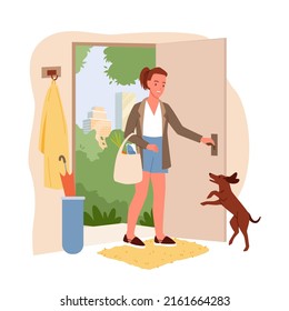 La mujer regresó a casa del trabajo. Esperando feliz mascota de perro, momento de regreso a casa, bienvenida de vuelta, acogedor interior de casa, abriendo puerta de entrada, alegre cálido saludo ilustración de vector