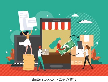 Woman returning broken smartphone to shop, vector illustration. Refund, exchange of goods. Online store returns policy.