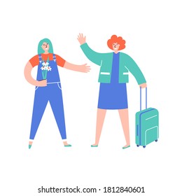 Woman returns from tour and meets her friend with flower. Homecoming concept. Friend happy to see friend after long separation. Get-together after travel with suitcase. Stop lockdown. Quarantine end.