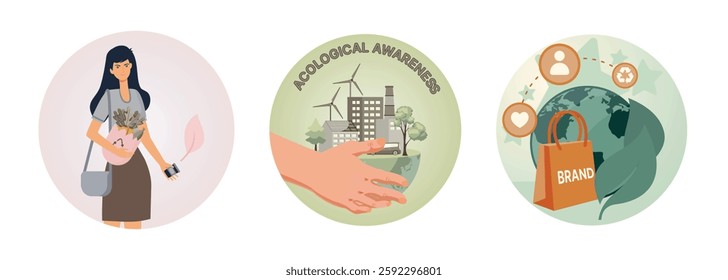  A woman reusable bag, sustainable lifestyle, no plastic shopping. A hand protecting various eco friendly elements, representing green energy. A globe, leaves, an eco bag.