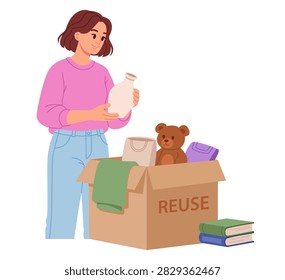 Woman Reusing Household Items and Donating Clothes for Sustainable Living. Vector illustration.