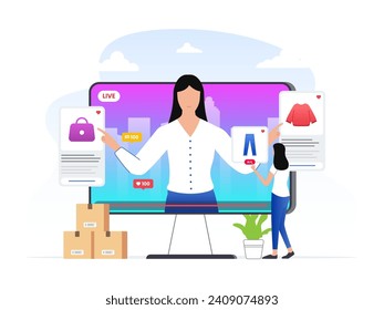 Woman review or selling her product through live streaming social commerce platform. Woman buy product from social media commerce platform concept illustration.