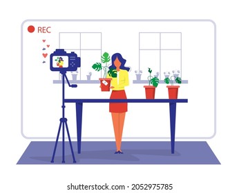 Woman Review or Selling home plant Through Live Streaming. shop online and  E-Commerce Concept.Vector