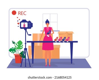 Woman Review or Selling shoes Through Live Streaming. shop online and  E-Commerce Concept.Vector