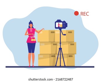 Woman Review or Selling underwear Through Live Streaming. shop online and  E-Commerce Concept.Vector