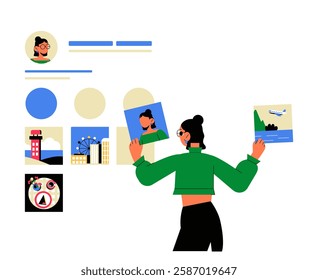Woman Reviewing Digital Portfolio In Flat Vector Illustration Symbolizing Personal Branding, Online Identity, And Digital Presence, Isolated On White Background