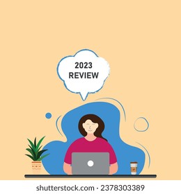 Woman reviewing the year 2023.annual business review, analysis and evaluation idea.