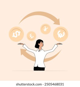 Woman Revolving Money Coin Global Money Trading Circular Financial Converter