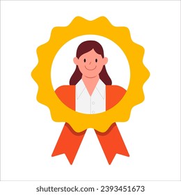 Woman in reward icon. Successful and hardworking worker. Achievement, business award and reward. Rewarding an employee for good results. Cartoon flat vector illustration isolated on a white background