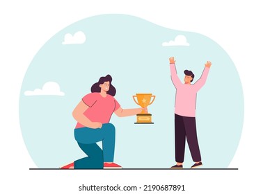 Woman Rewarding Gold Goblet To Kid Flat Vector Illustration. Happy Little Boy Winning First Place Prize. Victory, Leadership, Competition Concept For Banner, Website Design Or Landing Web Page