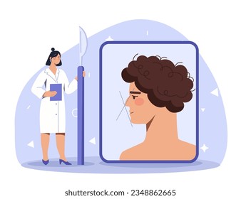 Woman with rhinoplasty concept. Young girl in medical gown with scalpel. Doctor corrects appearance of patient, plastic surgeon. Beauty and aesthetics. Cartoon flat vector illustration