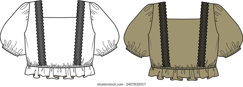 frente con cinta de mujer, detalle de guarnecido de encaje,vector de moda de blusa de rufa,cad,