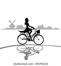 Woman Ride Bicycle Elegant Silhouette Fashion Dress Black Background Vector Illustration