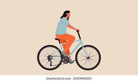 Bicicleta de la mujer para el bienestar sano, personaje femenino en la bicicleta, respetuoso del medio ambiente, estilo de vida activo y concepto de transporte, diseño plano de la ilustración vectorial