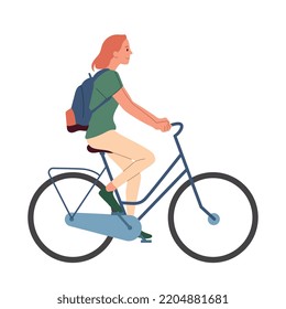 Woman ride bicycle. Young girl with bag on bike. Active lifestyle and sports, environmentally friendly vehicle. Graphic element for website, sticker for messengers. Cartoon flat vector illustration