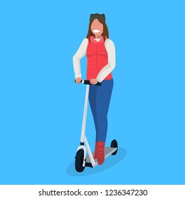 woman ride electric scooter winter vacation activity concept female cartoon character full length flat