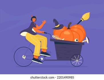 Woman ride halloween bike with huge pumpkin, hat and broom. Magic truck. Modern fashionable trendy witch. Vector illustration.