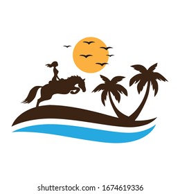 woman ride horse on tropical beach, vector