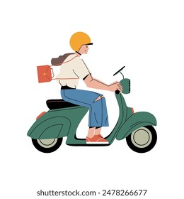 Woman ride moped. Flat graphic vector illustrations.