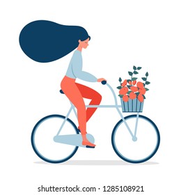 Woman ride on bicycle with bouquet in basket. Bicycle riding girl with flying hair. Vector illustration 